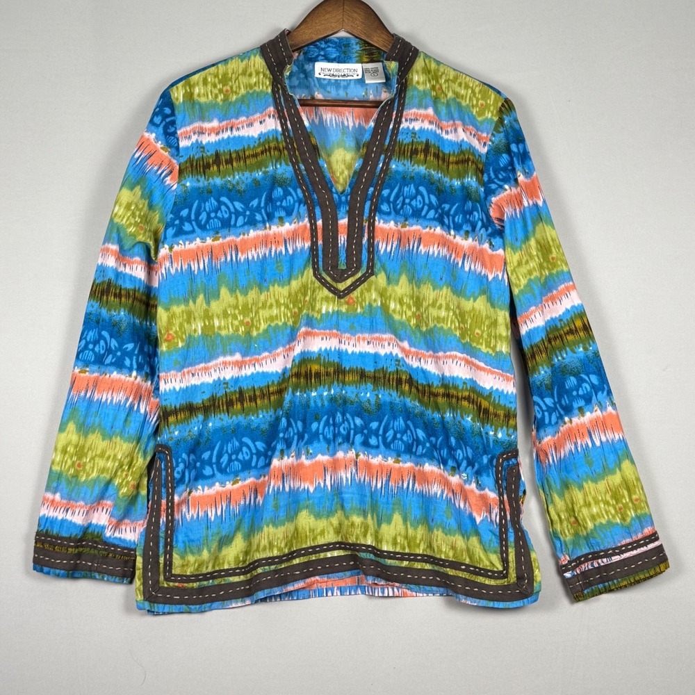 New Direction Tunic Women Large Multicolor NWOT Y2K Boho Ikat Cotton Top